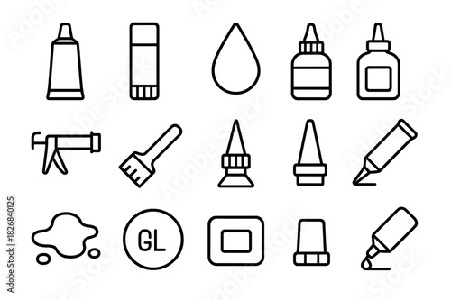 Craft Glue Icon Set. Craft glue set. Line icon set of Craft glue set: glue tube, glue stick, glue drop, adhesive bottle, caulking gun, glue brush, nozzle tip,