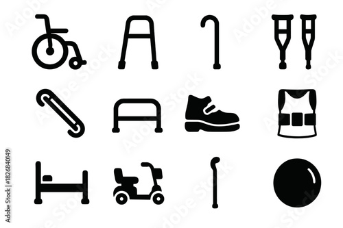 Assisted Mobility Icons. Assisted mobility. Solid icon set of Assisted mobility: wheelchair, walker, cane, crutches, handrail, grab bar, orthopedic shoe,