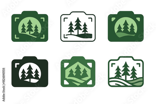 Nature Photoshoot Logos. May photoshoot in nature. Icon set. Set Logo of nature photoshoot: forest scenery with camera focus. harmonious logo variations of the