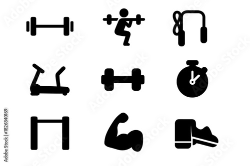 Gym Training Icons. Gym training. Solid icon set of gym training: barbell, squat pose, bench press, treadmill, dumbbell, skipping rope, pull up bar, muscle