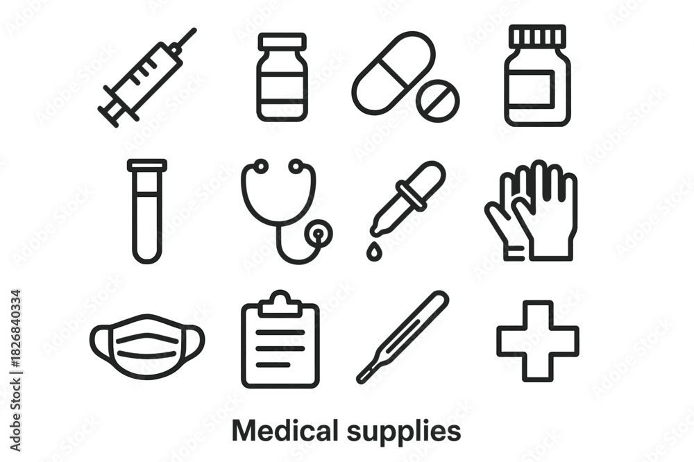 Fototapeta premium Medical Supplies Icons. Medical supplies. Line icon set of medical supplies: syringe, vial, capsule, pill bottle, test tube, stethoscope, dropper, gloves,