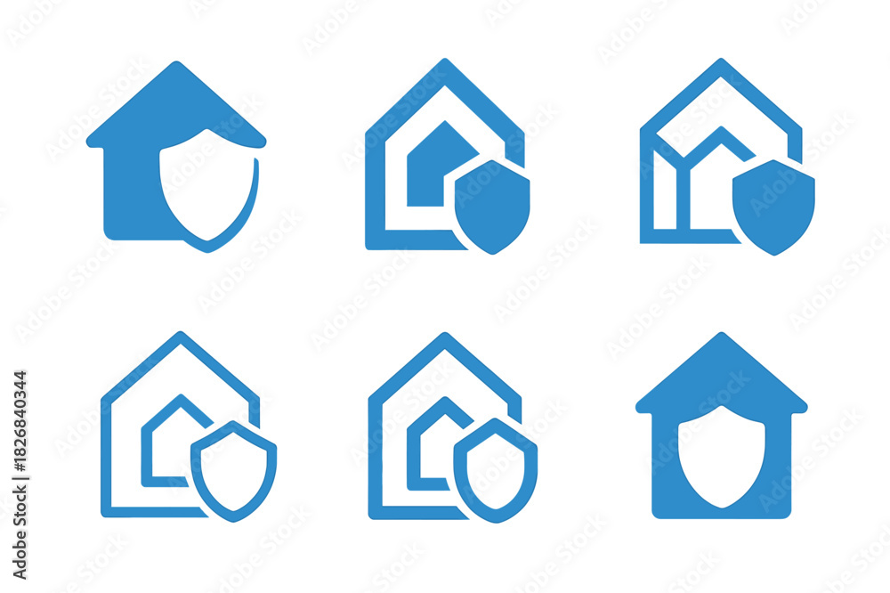 Fototapeta premium Smart Security Logos. Smart security systems. Icon set. Set Logo of smart security: home with shield icon. harmonious logo variations of the same emblematic