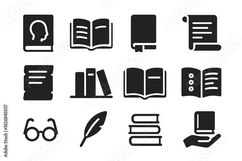 Philosophy Book Icons. Philosophy books. Solid icon set of Philosophy books: book cover, open book, bookmark, scroll, ancient manuscript, library shelf,