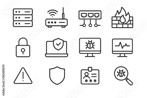 Network Security Icons. Network Security. Line icon set of Network Security: server, router, switch, firewall, encryption, VPN, intrusion detection,