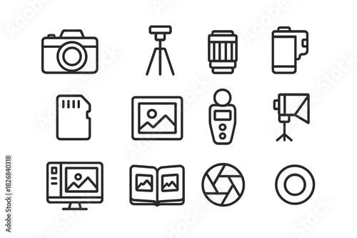 Photography Icon Set. Photography as a means of artistic expression. Line icon set of Photography as a means of artistic expression: camera, tripod, lens, film