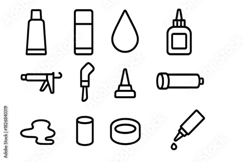 Craft Glue Icon Set. Craft glue set. Line icon set of Craft glue set: glue tube, glue stick, glue drop, adhesive bottle, caulking gun, glue brush, nozzle tip,