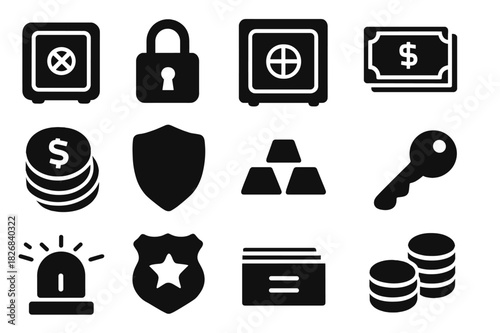 Wealth Protection Icons. Wealth protection. Solid icon set of Wealth protection: safe box, lock, vault, dollar bills, coins, shield, gold bars, key, alarm,