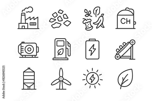 Biomass Energy Icons. Biomass energy. Line icon set of biomass energy: biomass plant, wood chips, organic waste, methane tank, generator, biofuel, energy