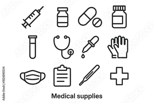 Medical Supplies Icons. Medical supplies. Line icon set of medical supplies: syringe, vial, capsule, pill bottle, test tube, stethoscope, dropper, gloves,