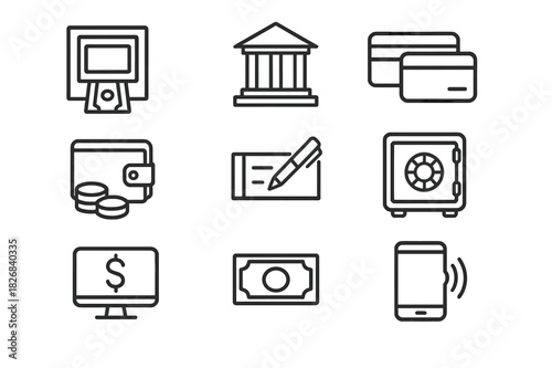 Modern Banking Icons. Modern banking. Line icon set of Modern banking: ATM, bank building, credit card, debit card, digital wallet, checkbook, safe, coins,