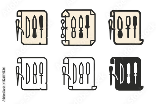 Historic Bookbinding Logos. Historic bookbinding process. Icon set. Set Logo of historic bookbinding process: embossed book cover. harmonious logo variations