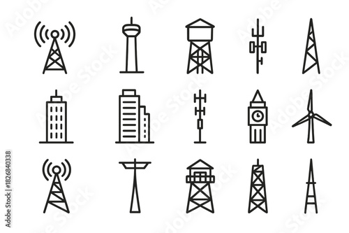 Tower Icon Set. Tower types overview. Line icon set of Tower types overview: communication tower, observation tower, water tower, radio mast, office