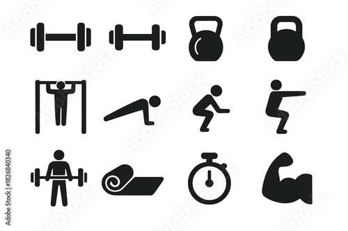 Strength Training Icons. Strength training. Solid icon set of Strength training: barbell, dumbbell, resistance band, kettlebell, pull-up, push-up, squat, bench