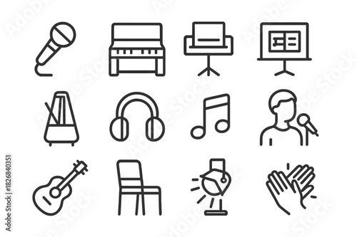 Music Rehearsal Icons. Music rehearsal. Line icon set of music rehearsal: microphone, piano, stand, sheet music, metronome, headphones, note, singer,