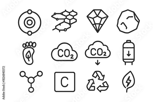 Carbon Icon Set. Carbon. Line icon set of Carbon: carbon atom model, graphite crystal, diamond lattice, coal chunk, carbon footprint, CO2 molecule, emission