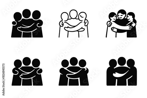 Shared Joy Logos. Shared Joy. Icon set. Set Logo of Shared Joy: Group Hug. harmonious logo variations of the same emblematic concept, each with different