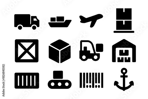 Cargo Transport Icons. Transport cargo. Solid icon set of Transport cargo: truck, cargo ship, cargo plane, pallet, crate, box, forklift, warehouse, shipping
