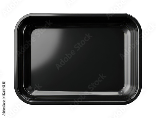 Overhead shot of a glossy black rectangular food tray against a dark background, showcasing its smooth, reflective surface