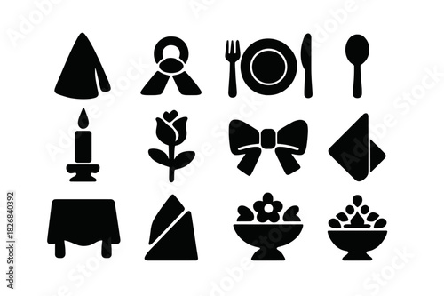 Dining Table Icons. Dining Table Decor. Solid icon set of Dining Table Decor: napkin, ring, plate, fork, knife, spoon, candle, flower, ribbon, cloth fold,
