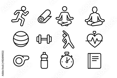 Active Mindfulness Icons. Active Mindfulness. Line icon set of Active Mindfulness: athlete running, yoga mat, meditation pose, gym ball, dumbbell, stretching,