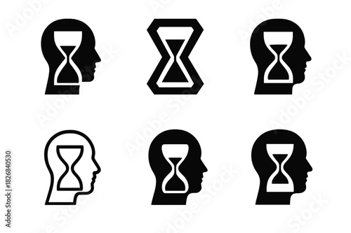 Time Perception Icons. Time dilation and human perception. Icon set. Set Logo of time dilation and human perception: Hourglass merging with human silhouette.