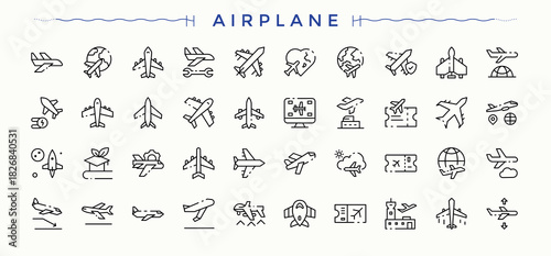 Airplane line icon set. Isolated icons. Aviation related icon set. Contains related to air, plane, airline, flight and more.