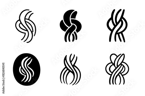 Tangled Hair Logos. Tangled hair. Icon set. Set Logo of tangled hair: Hair strands in a knot. harmonious logo variations of the same emblematic concept, each