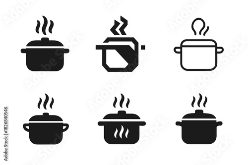 Cooking Techniques Icons. Cooking techniques. Icon set. Set Logo of cooking techniques: boiling pot with steam. harmonious logo variations of the
