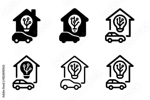 AI Integration Logos. AI integration in everyday life (smart homes, autonomous cars). Icon set. Set Logo of AI integration: city with autonomous transport.
