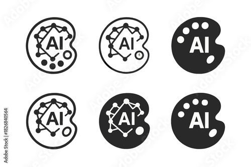 AI Art Logos. AI in creative industries. Icon set. Set Logo of AI in creative industries: neural network shaped like an artist?s palette. harmonious logo