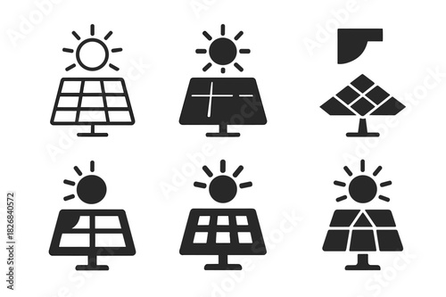 Solar Panel Icons. Sustainable living tips. Icon set. Set Logo of solar panel. harmonious logo variations of the same emblematic concept (Minimal outline,
