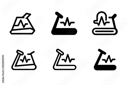 Treadmill Logo Icons. Treadmill workout. Icon set. Set Logo of treadmill workout: treadmill with energy pulse. harmonious logo variations of the same