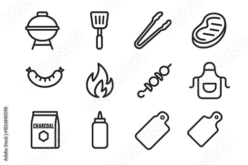 Barbecue Icons Set. Barbecue and grilling techniques. Line icon set of barbecue and grilling techniques: grill, spatula, tongs, steak, sausage, burger, flame,