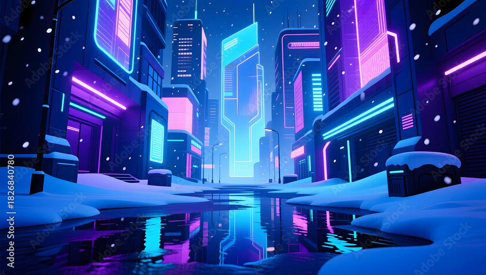 Obraz premium Cyberpunk city snowy night with neon lights illustration