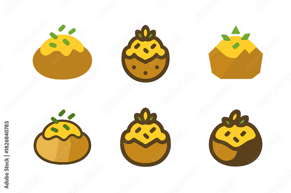 Obraz premium Stuffed Potato Logos. Stuffed potatoes. Icon set. Set Logo of stuffed potatoes: potato with cheese and herbs. harmonious logo variations of the same emblematic