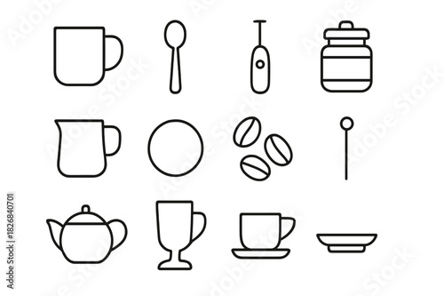 Coffee Accessory Icons. Coffee accessories. Line icon set of Coffee accessories: coffee mug, spoon, frother, sugar jar, milk jug, coaster, coffee beans,