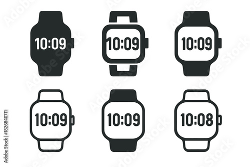 Smartwatch Icon Variations. Gadget. Icon set. Set Logo of gadget: Smartwatch with digital display. harmonious logo variations of the same emblematic concept,