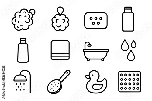 Bath Essentials Icons. Bath sponge. Line icon set of Bath sponge: bath sponge, loofah, soap bar, shower gel bottle, shampoo bottle, bath towel, bathtub, water