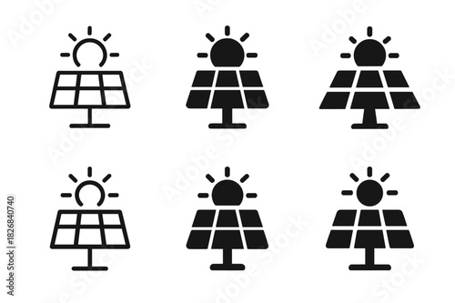 Solar Panel Icons. Sustainable living tips. Icon set. Set Logo of solar panel. harmonious logo variations of the same emblematic concept (Minimal outline,
