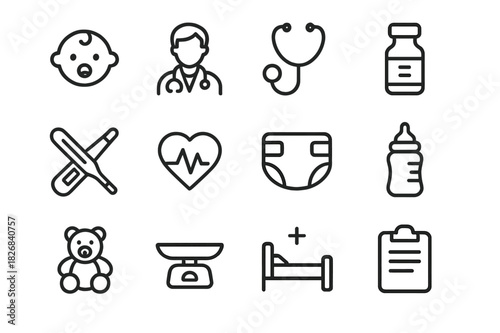 Pediatric Care Icons. Pediatric care. Line icon set of pediatric care: baby face, pediatrician, stethoscope, vaccine vial, thermometer, heart rate, diaper,