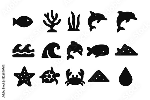 Marine Habitat Icons. Marine habitat. Solid icon set of marine habitat: fish, coral, seaweed, shell, wave, dolphin, whale, turtle, starfish, crab, sand,