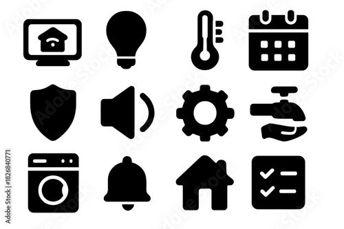 Household Management Icons. Household management. Solid icon set of Household management: smart display, light icon, thermostat, calendar, security icon,