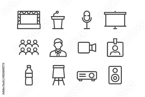 Conference Icon Set. Conference setup. Line icon set of conference setup: stage, podium, microphone, screen, seating rows, speaker, camera, name badge, water