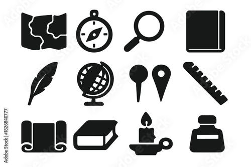 Antique Cartography Icons. Antique cartography. Solid icon set of Antique cartography: old map, compass, magnifying glass, notebook, quill pen, globe, map
