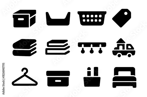 Organized Spaces Icons. Organized Spaces. Solid icon set of Organized Spaces: storage box, shelf bin, basket, label tag, folded clothes, stack of books, peg
