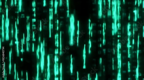 Glowing teal vertical lines form a digital display. Blurred background, reminiscent of data streams, abstract composition