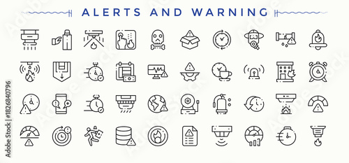 Alerts And Warning vector line icon set. Contains related to alert, alarm, signal, notification, warn, aware and more. Danger line icon set. Thin line icons set. Editable vector. Pixel perfect.