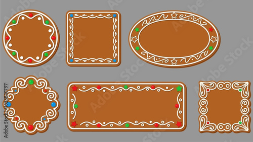 Collection of decorative gingerbread cookie frames with icing designs and colorful candies, perfect for holiday greetings and messages