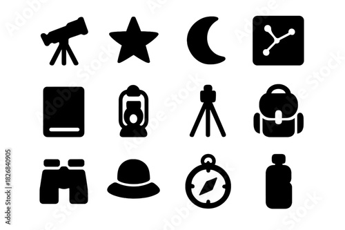 Night Sky Icons. Night sky observation. Solid icon set of night sky observation: telescope, star, moon, constellation chart, notebook, lantern, tripod,