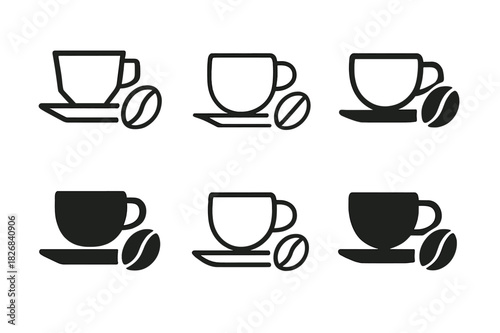 Espresso Icon Set. Espresso cup. Icon set. Set Logo of coffee beans beside cup. harmonious logo variations of the same emblematic concept (Abstract geometric,